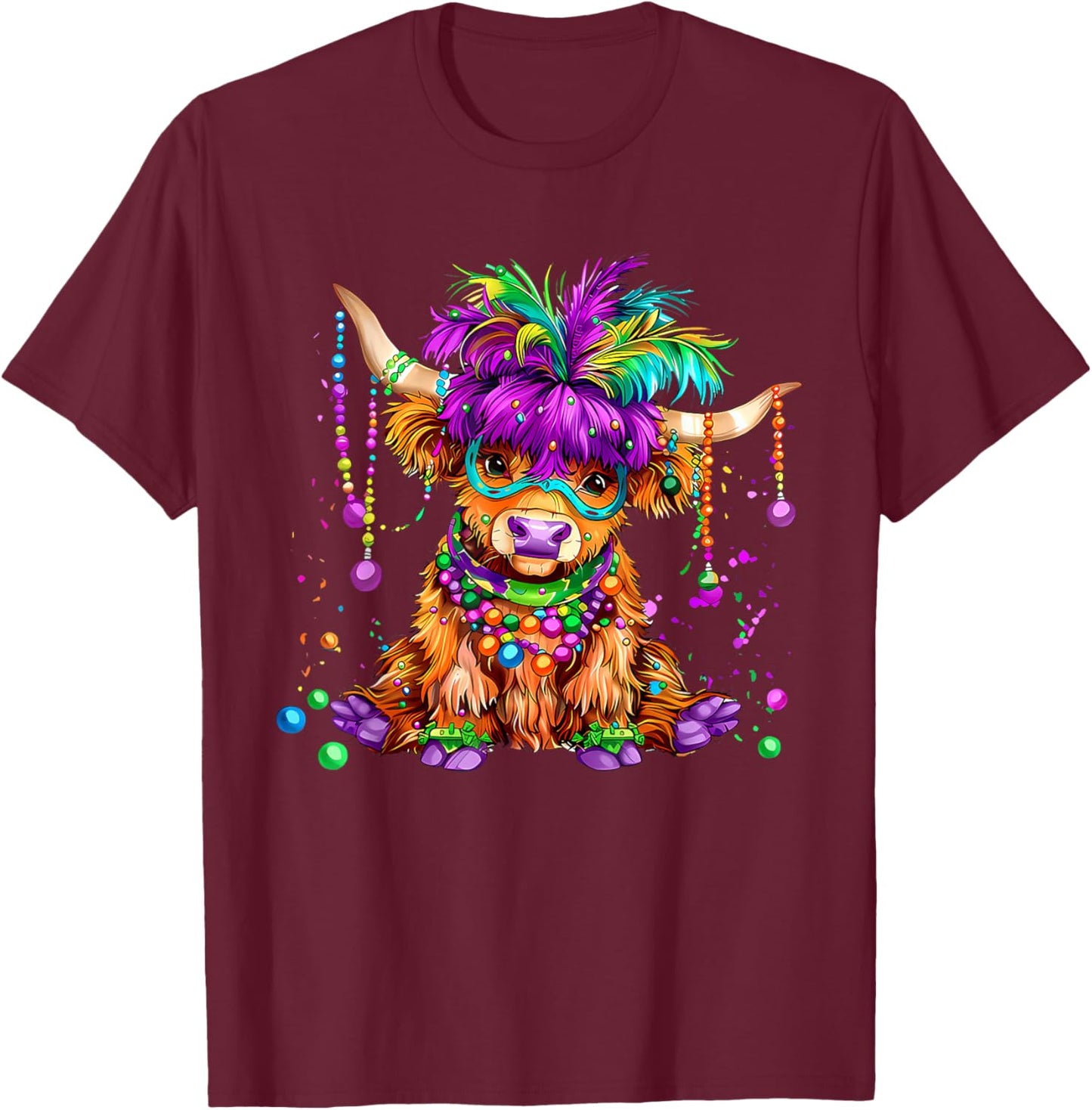 Cute Mardi Gras Highland Cow Moody Gras Women Girl Kid T-Shirt - T-Shirt | Maroon