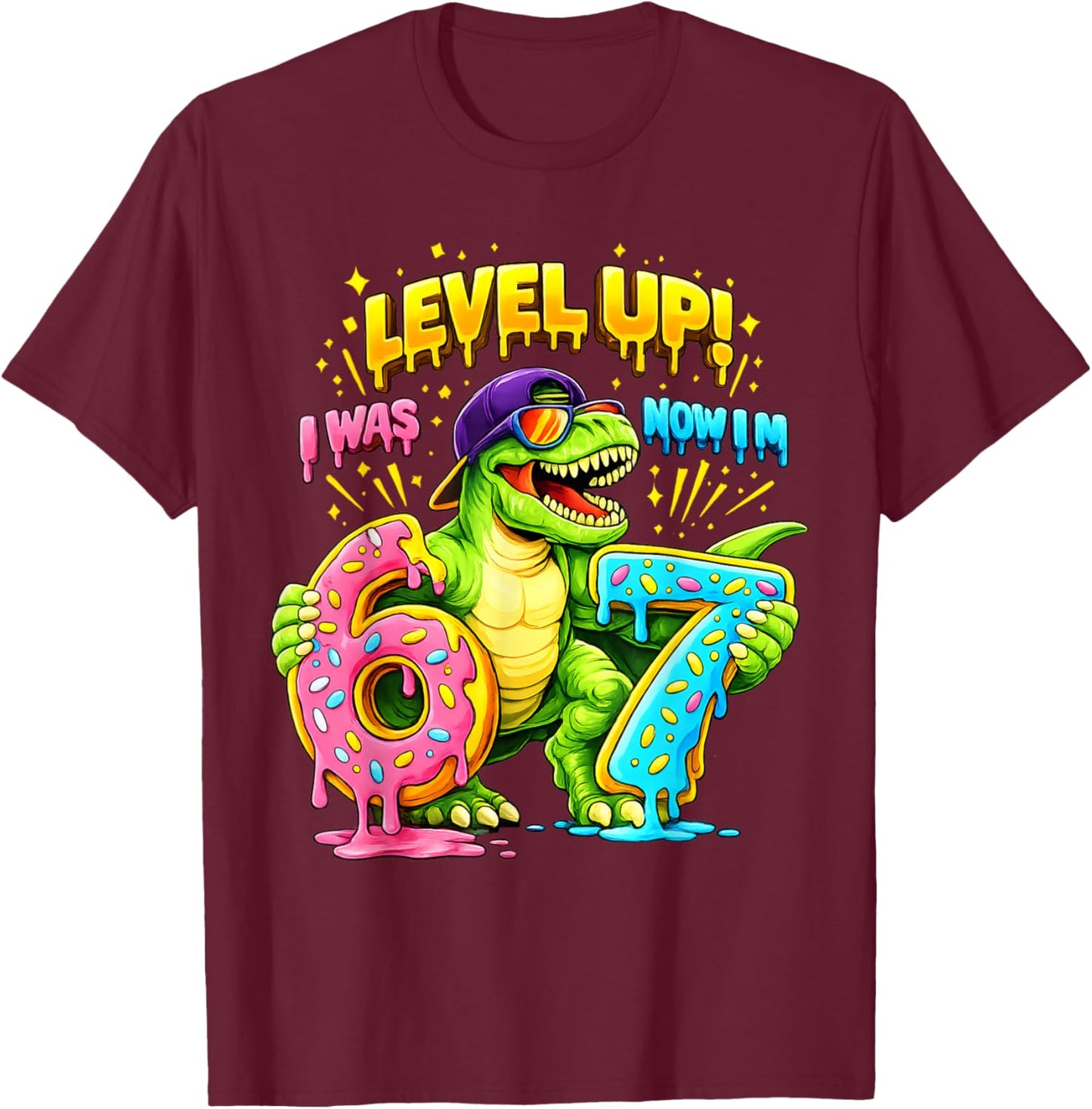 7th Birthday I was Six Now I'm Seven Dinosaur Funny 67 Meme T-Shirt - T-Shirt | Maroon