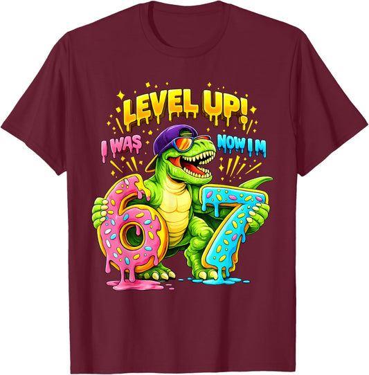 7th Birthday I was Six Now I'm Seven Dinosaur Funny 67 Meme T-Shirt - T-Shirt | Maroon