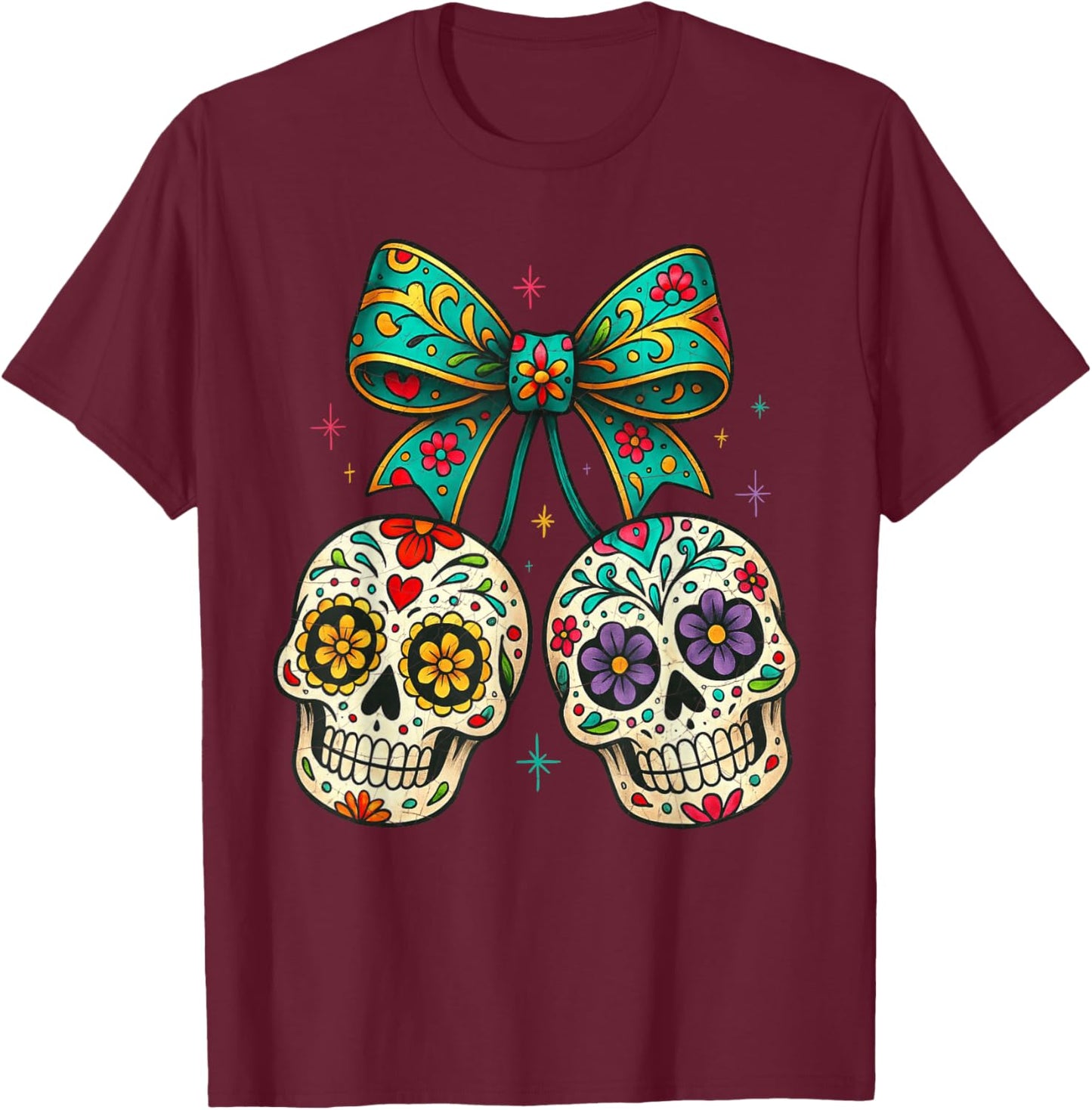 Dia De Los Muertos Sugar Skull Day of The Dead Mexican T-Shirt - T-Shirt | Maroon