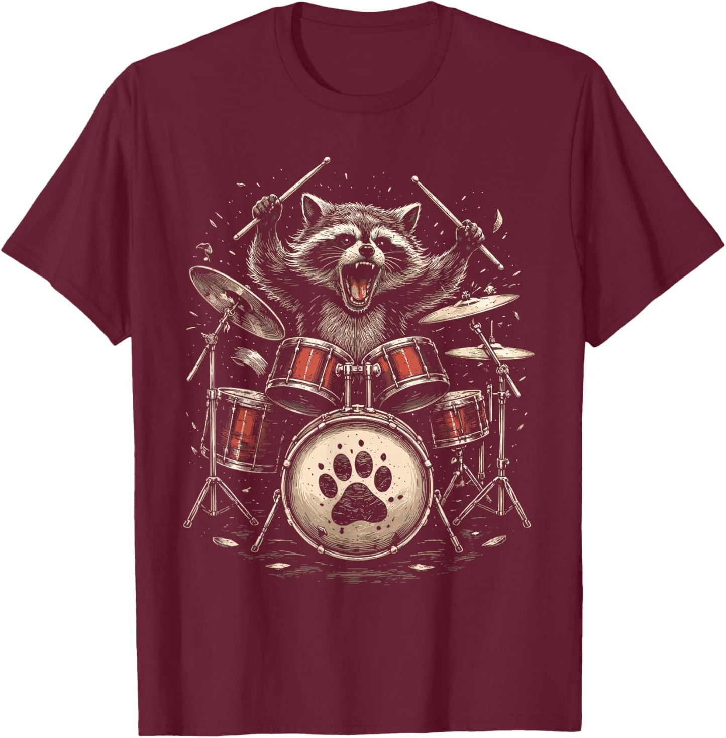 Raccoon Drummer Rock Band Animal Graphic T-Shirt - T-Shirt | Maroon