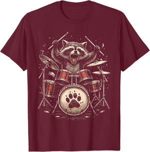 Raccoon Drummer Rock Band Animal Graphic T-Shirt - T-Shirt | Maroon