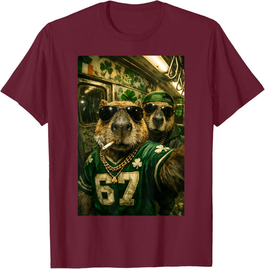 Capybara Selfie St. Patrick's Day Hip Hop Gangster 67 Meme T-Shirt - T-Shirt | Maroon