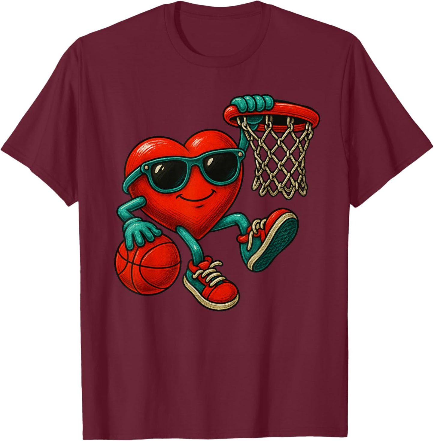 Valentines Day Basketball Funny Red Heart Love Boys Kids T-Shirt - T-Shirt | Maroon