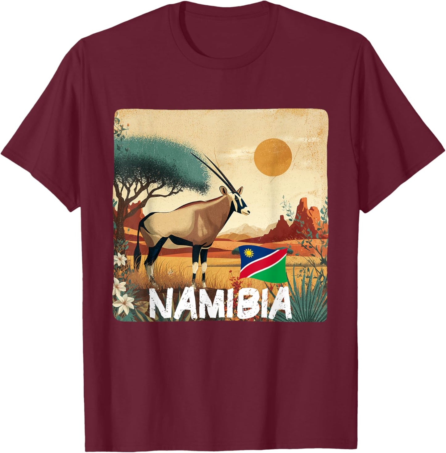 Pretty Namibia Flag with Gemsbok for Oryx Lovers T-Shirt - T-Shirt | Maroon