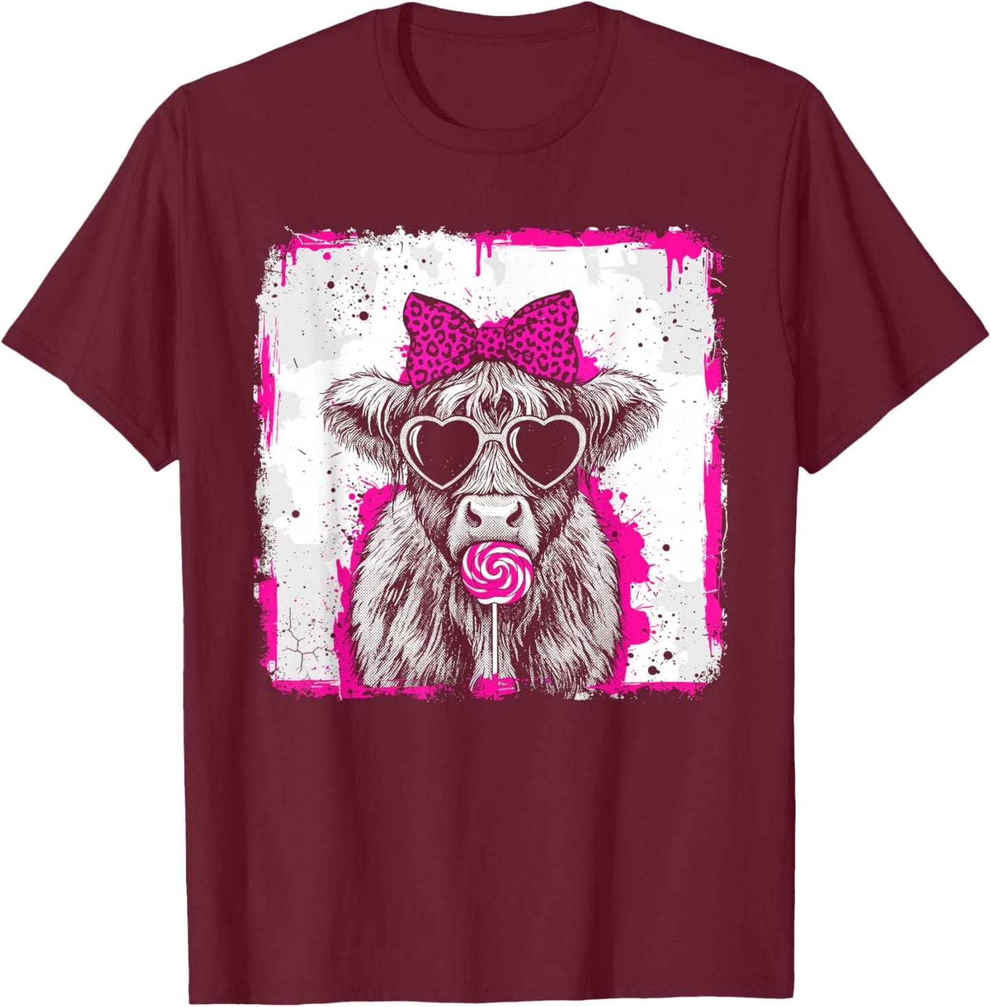 Women Girls Vintage Cute Lollipop Highland Cow Bow Valentine T-Shirt - T-Shirt | Maroon