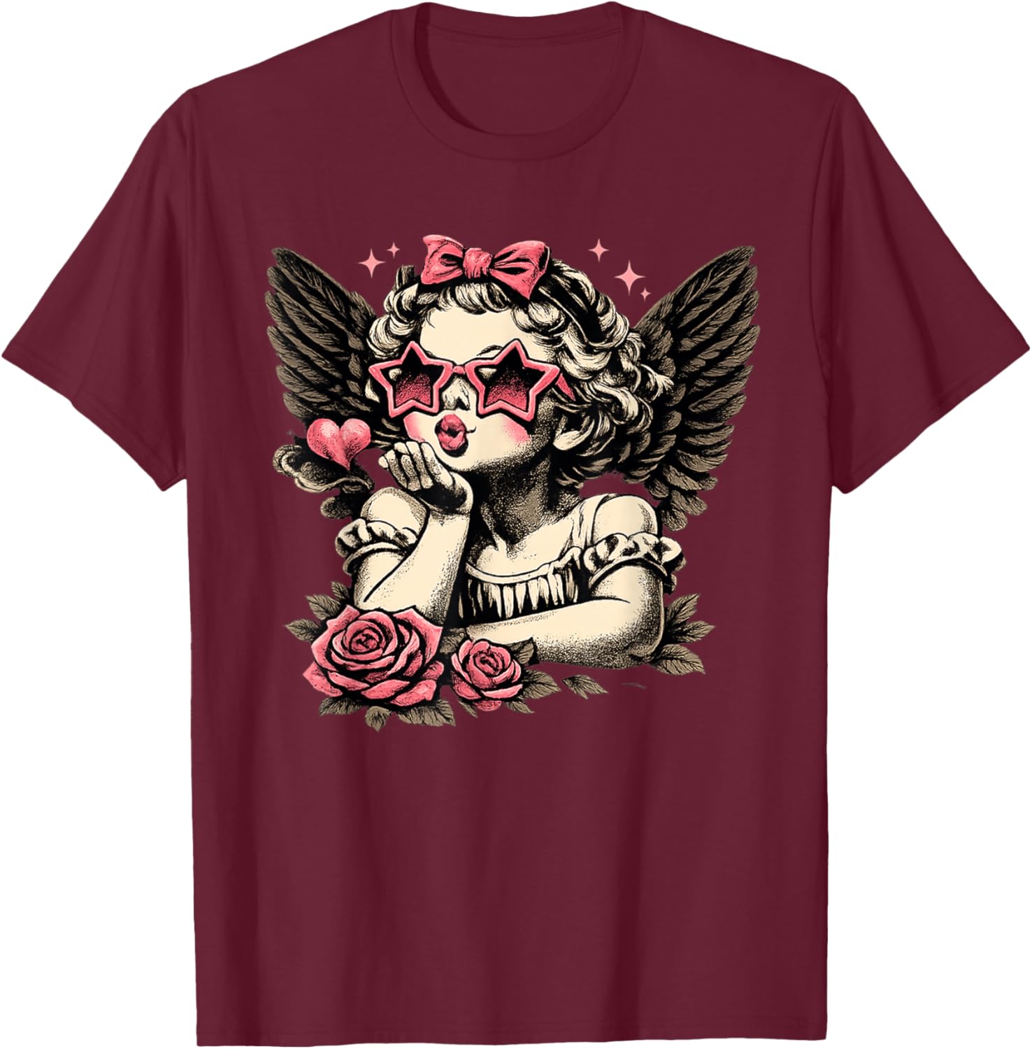 Retro Valentine Day Cute Vintage Cupid Blowing Kiss Star T-Shirt - T-Shirt | Maroon