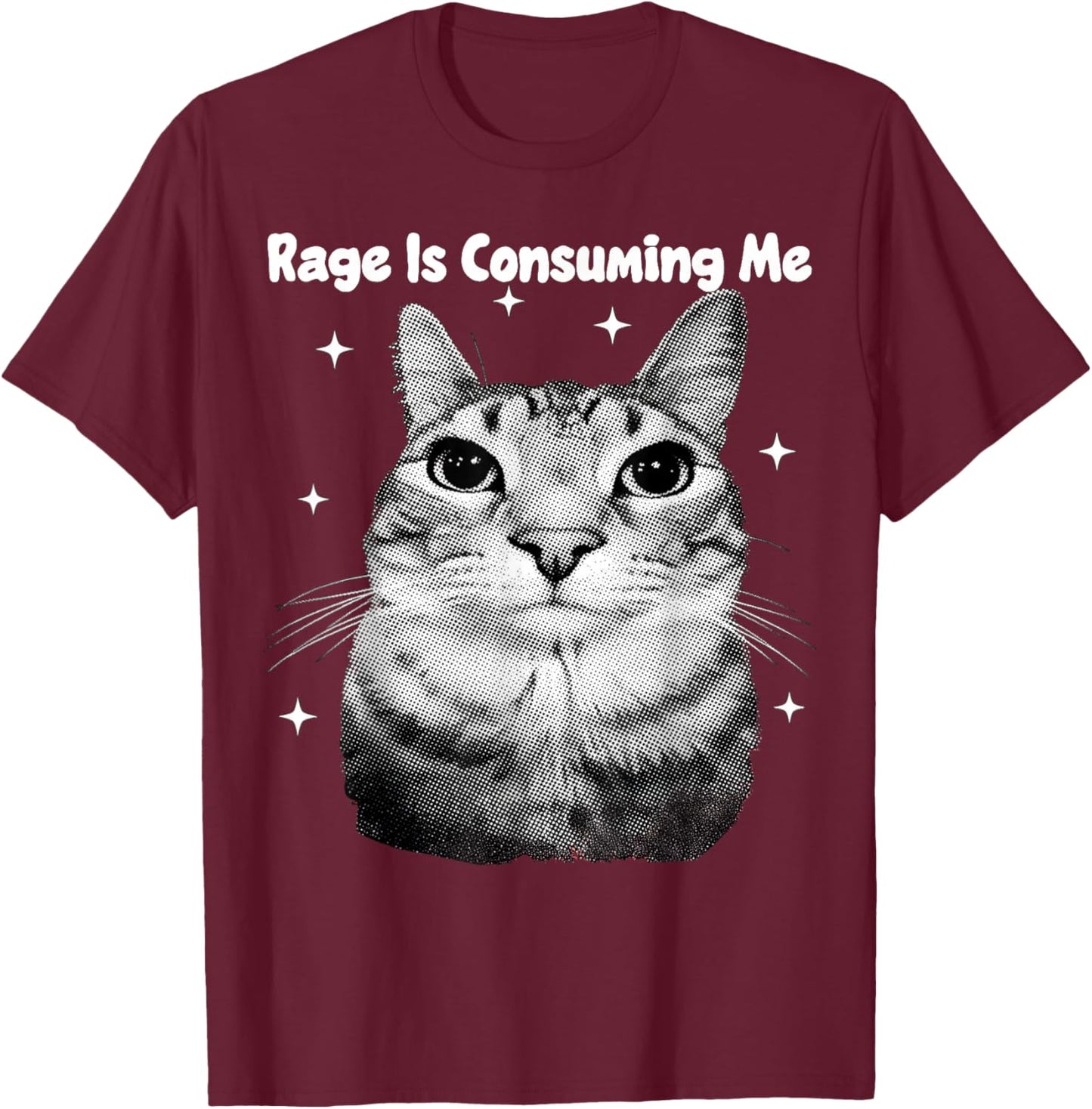 Y2K Cat Rage is Consuming Me Silly Staring Cat Meme Silly T-Shirt - T-Shirt | Maroon