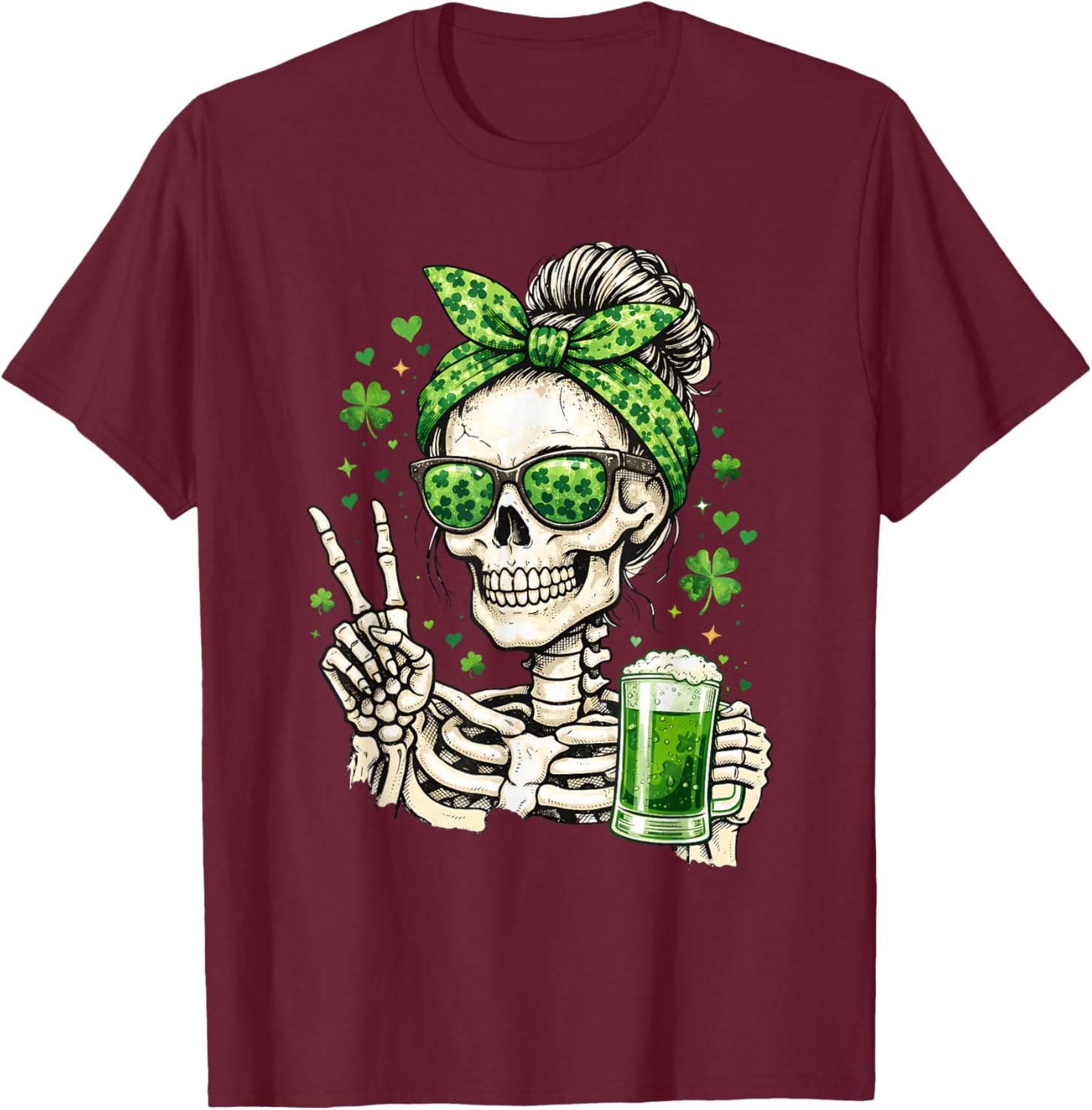 Skull Sunglass Messy Bun Irish Funny St Patrick's Day Women T-Shirt - T-Shirt | Maroon