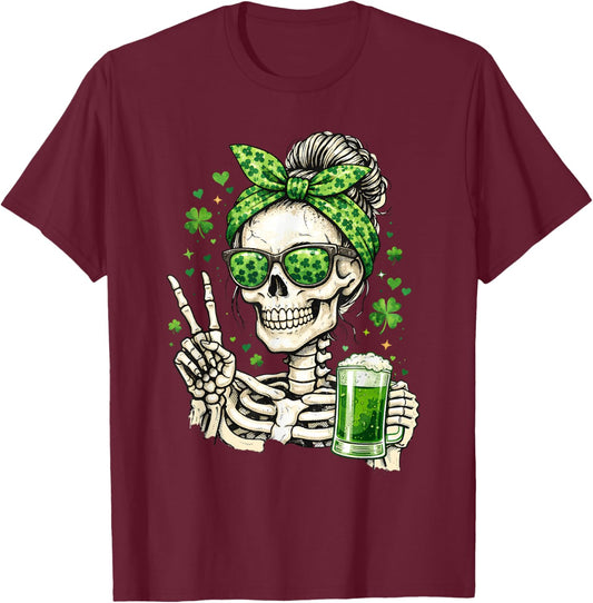 Skull Sunglass Messy Bun Irish Funny St Patrick's Day Women T-Shirt - T-Shirt | Maroon