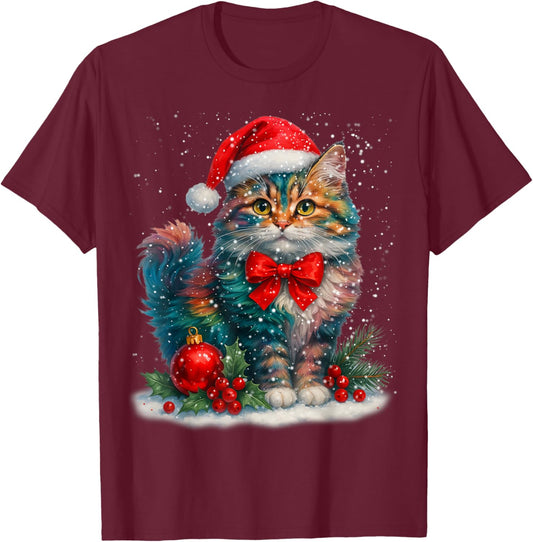 Cute Cat Santa Hat Red Coquette Christmas Xmas Women Girl T-Shirt - T-Shirt | Maroon