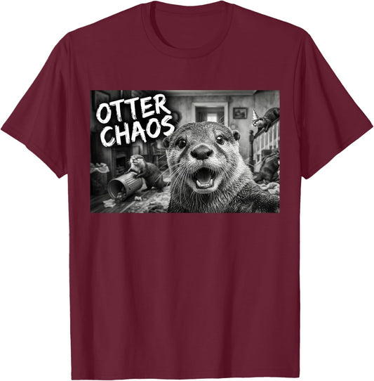 Otter Chaos Funny Animal Selfie Cute Meme T-Shirt - T-Shirt | Maroon