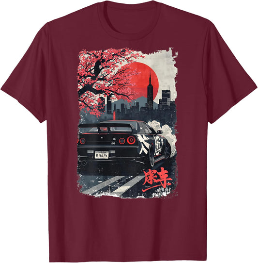 JDM Drift Racing Car Japanese Sakura Blossom Art (On Back) T-Shirt - T-Shirt | Maroon