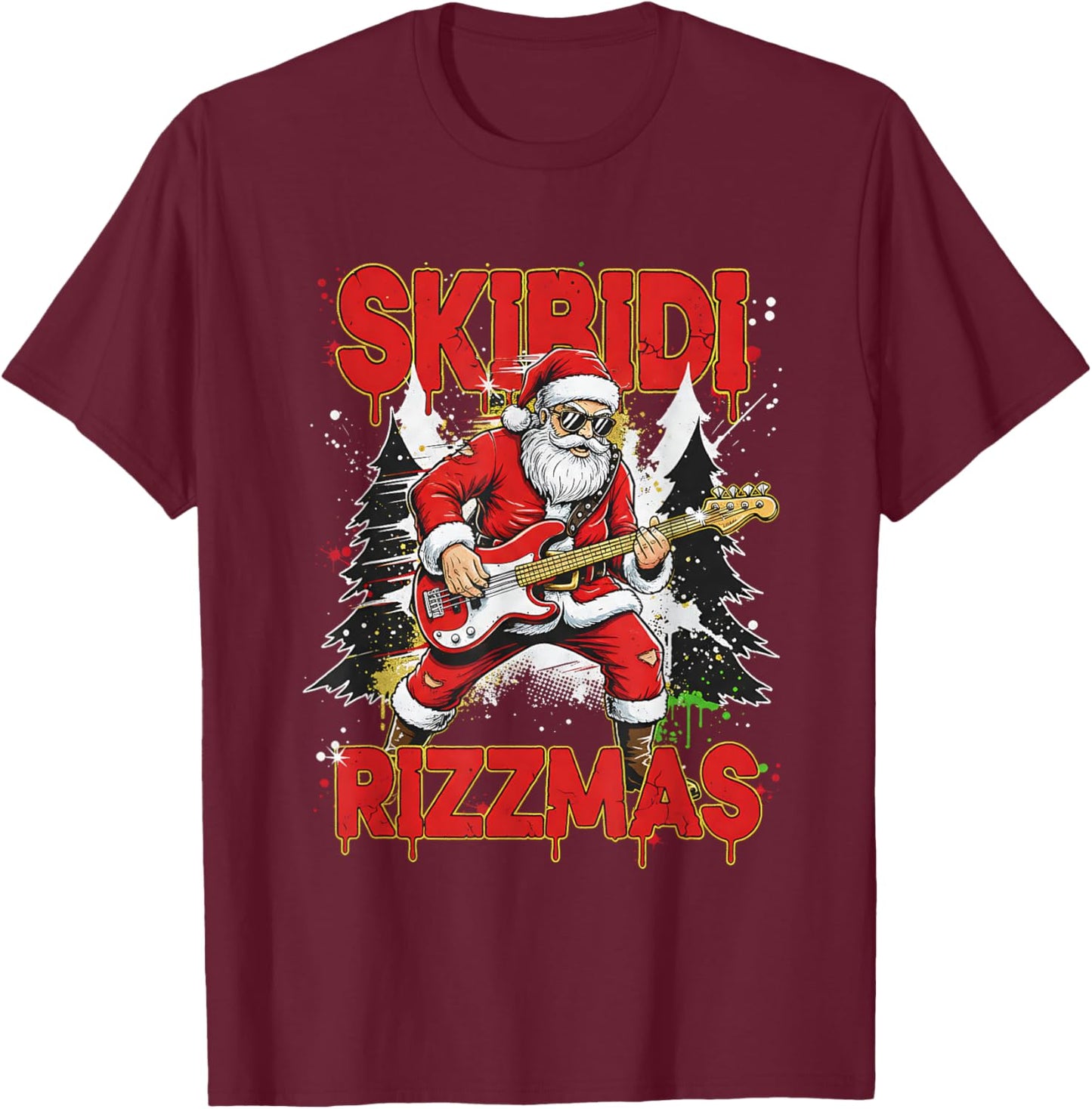 Skibidi Rizzmas Santa Playing Guitar Funny Christmas T-Shirt - T-Shirt | Maroon