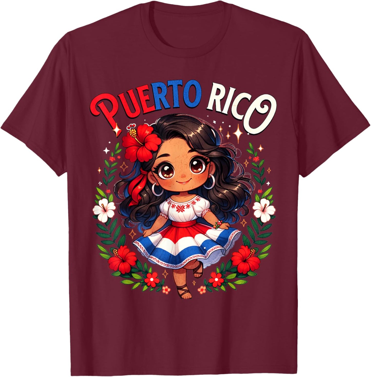 Puerto Rican Girl Culture Pride Cute Girl Traditional Dress T-Shirt - T-Shirt | Maroon