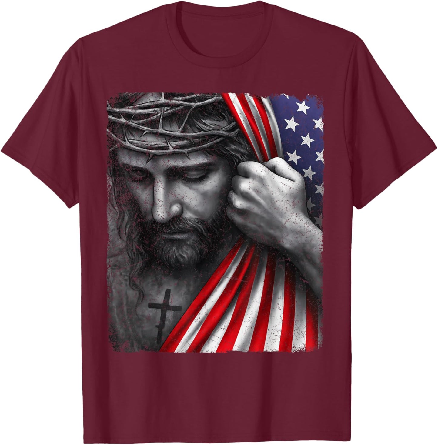 Jesus Faith Cross Crown America Patriotic Heritage Flag T-Shirt - T-Shirt | Maroon