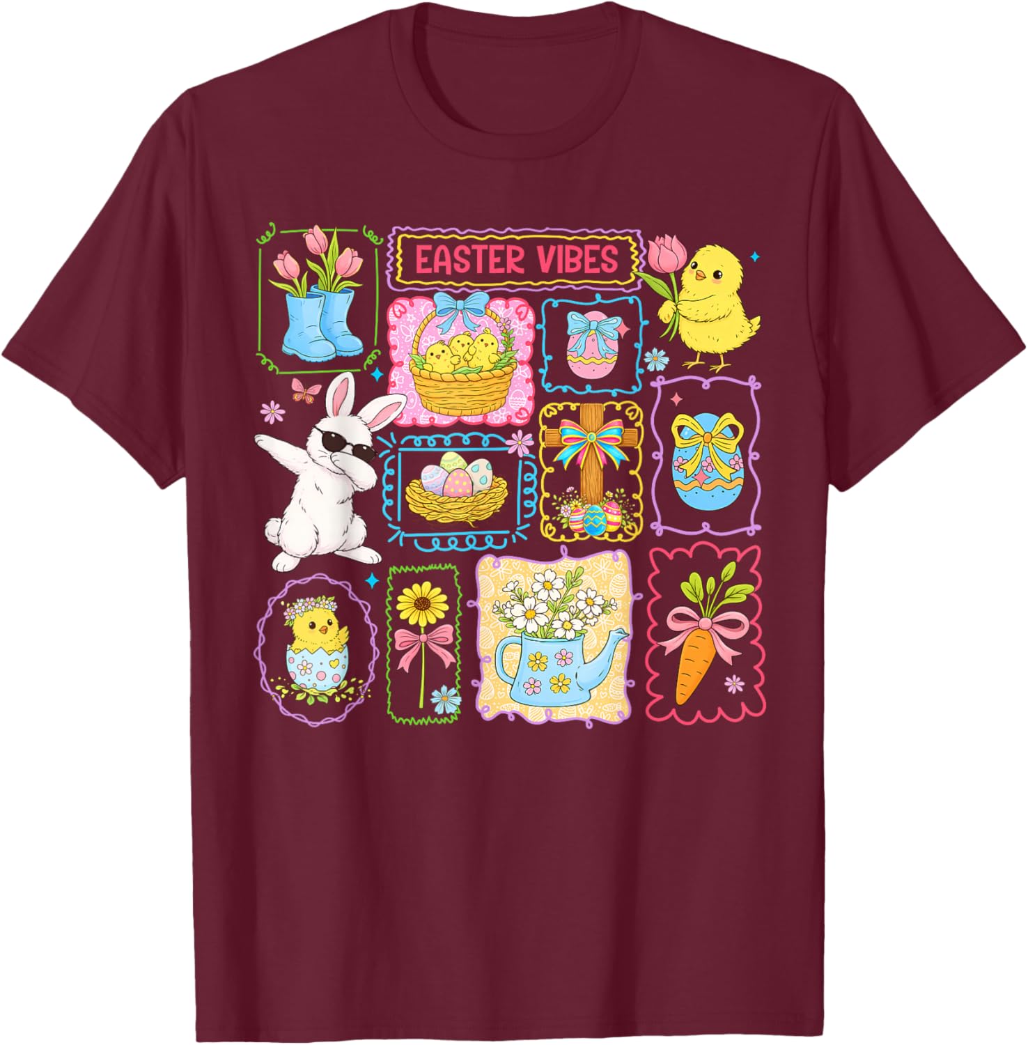 Easter Vibes 2026 Cute Bunny Rabbit Easter Day Women Girls T-Shirt - T-Shirt | Maroon
