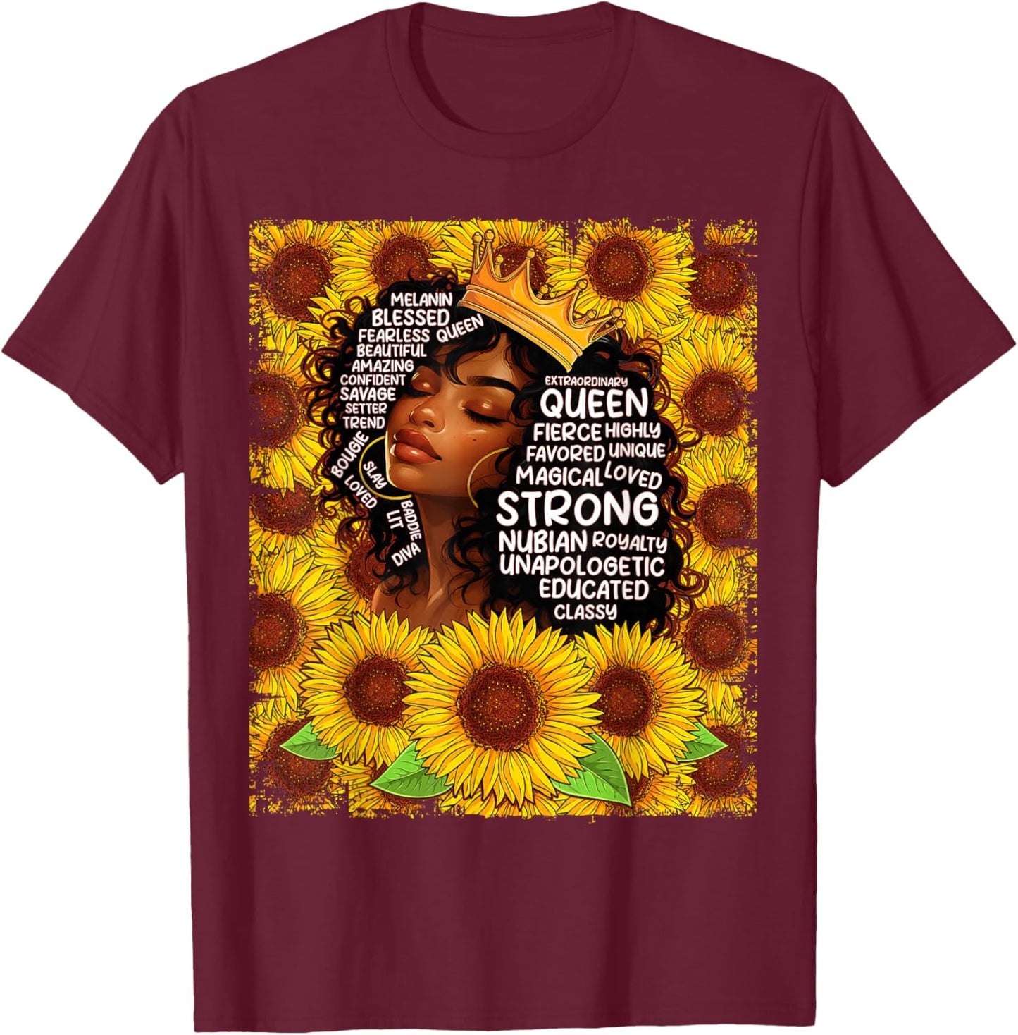 Black History Month Black Queen Afro Women Girls Sunflowers T-Shirt - T-Shirt | Maroon