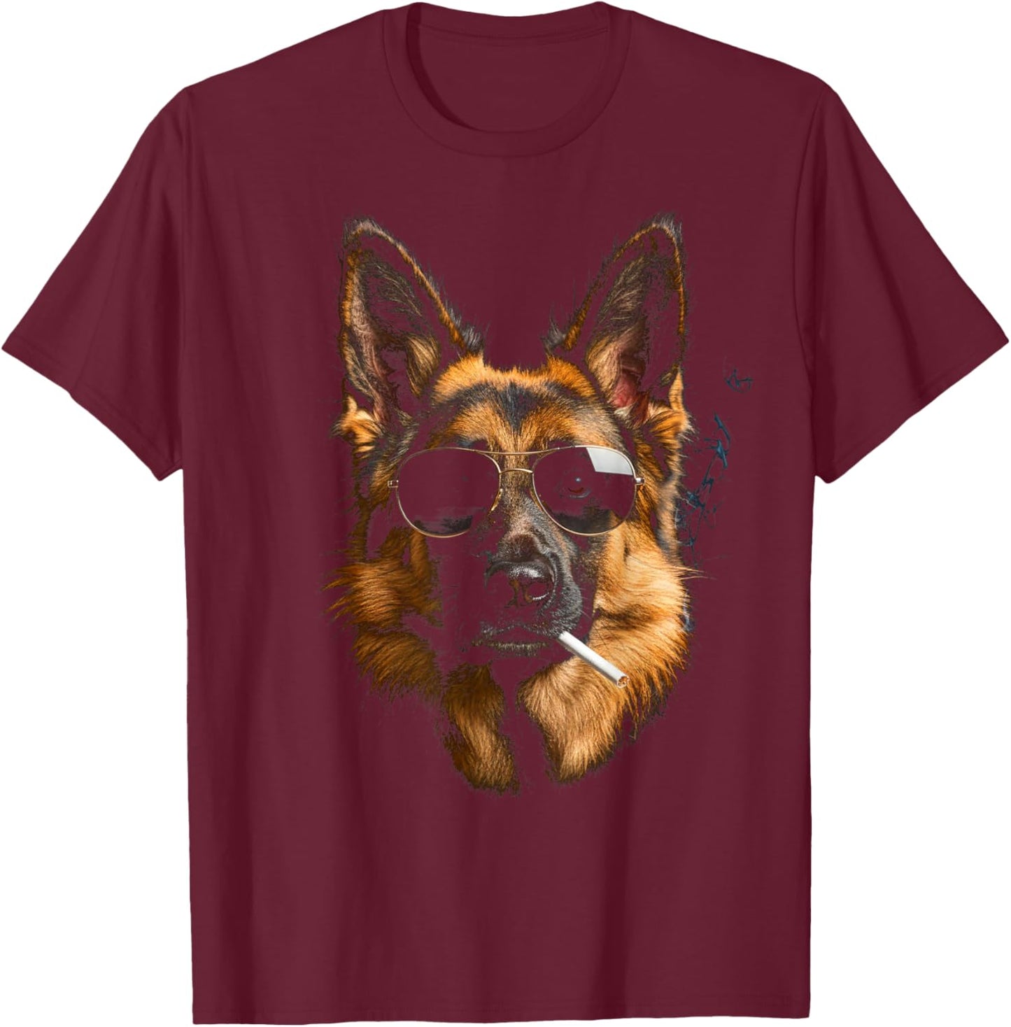 Cool Smoking German Shepherd Dog with Cigarette Sunglasses T-Shirt - T-Shirt | Maroon