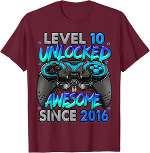 Level 10 Unlocked Awesome Since 2016 10th Birthday Gaming T-Shirt - T-Shirt | Maroon