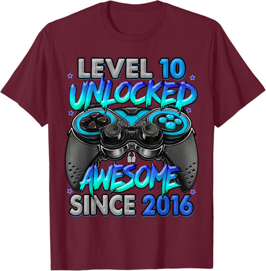 Level 10 Unlocked Awesome Since 2016 10th Birthday Gaming T-Shirt - T-Shirt | Maroon