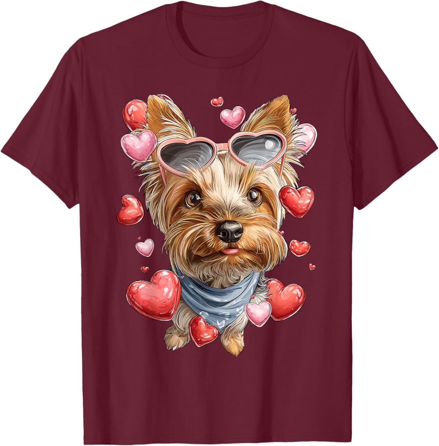 Yorkshire Terrier Dog Yorkie Valentine's Day Heart Glasses T-Shirt - T-Shirt | Maroon