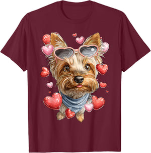 Yorkshire Terrier Dog Yorkie Valentine's Day Heart Glasses T-Shirt - T-Shirt | Maroon