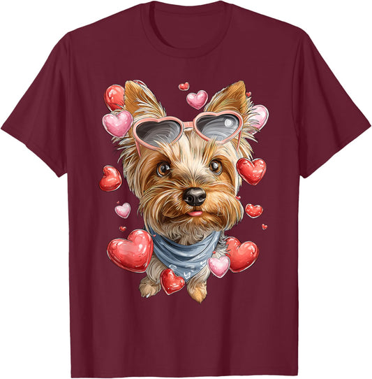 Yorkshire Terrier Dog Yorkie Valentine's Day Heart Glasses T-Shirt - T-Shirt | Maroon