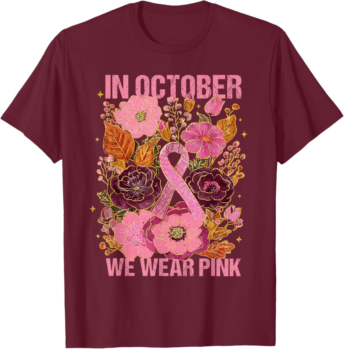 in October We Wear Pink Boho Breast Cancer Pink Ribbon Women T-Shirt - T-Shirt | Maroon