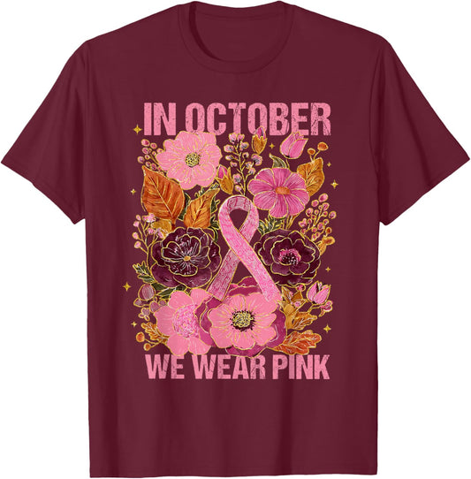 in October We Wear Pink Boho Breast Cancer Pink Ribbon Women T-Shirt - T-Shirt | Maroon