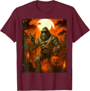 Bigfoot Mummy with Jack O’Lantern Funny Halloween Costume T-Shirt - T-Shirt | Maroon