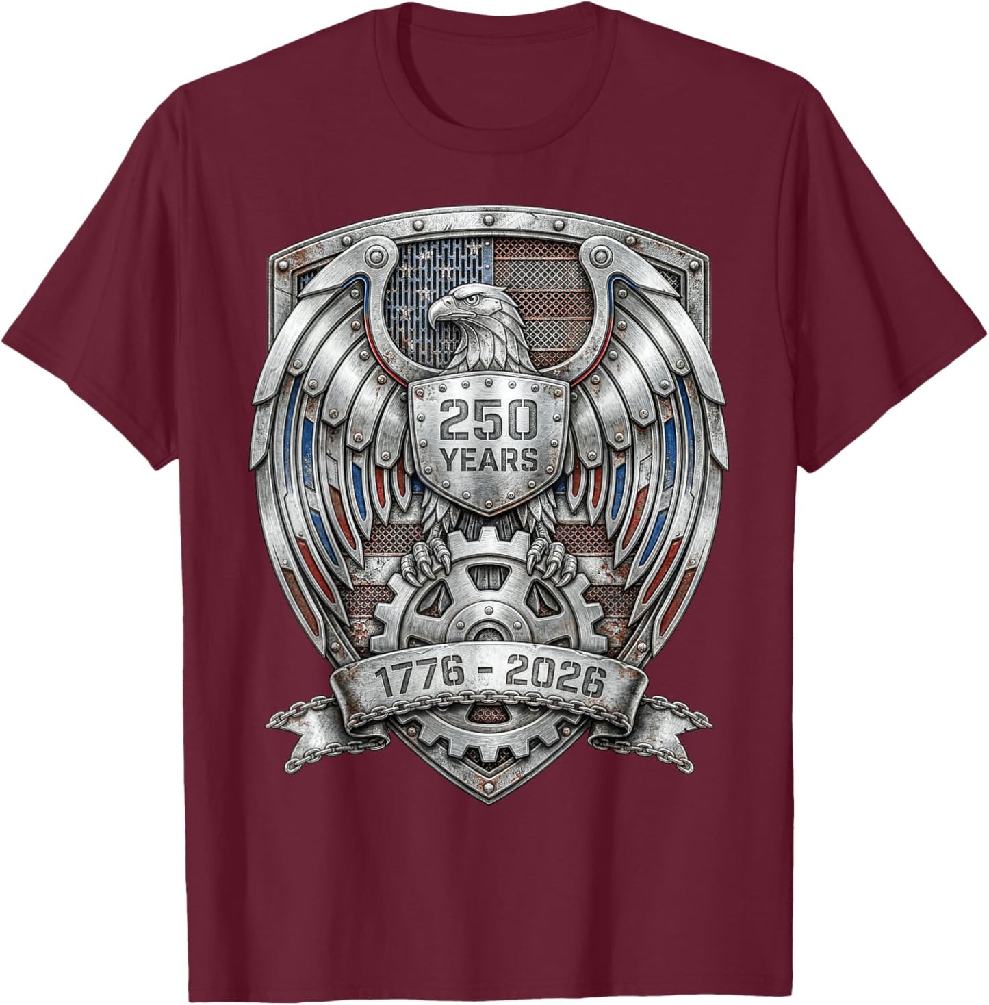 Eagle and Flag 250 Years 1776-2026 250th Birthday Shield T-Shirt - T-Shirt | Maroon