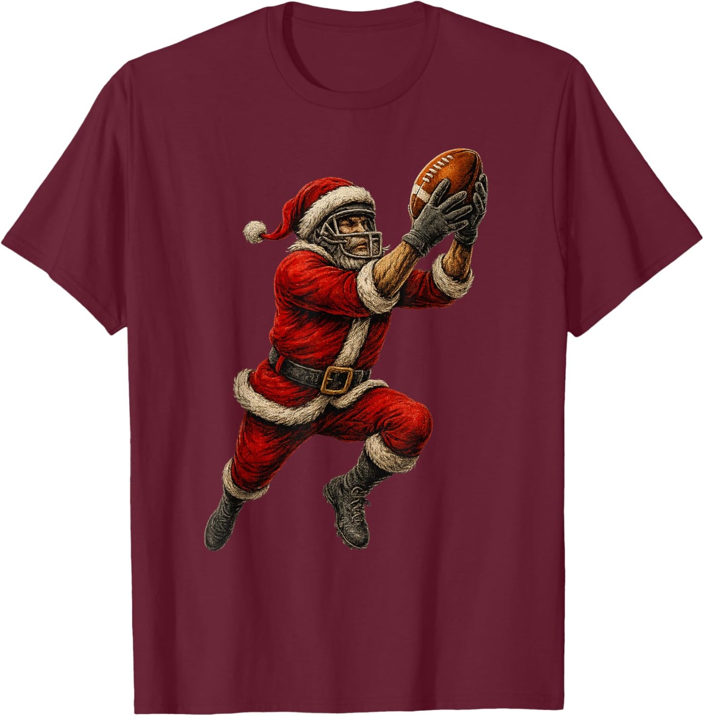 Santa Claus Playing American Football Christmas Football Fan T-Shirt - T-Shirt | Maroon