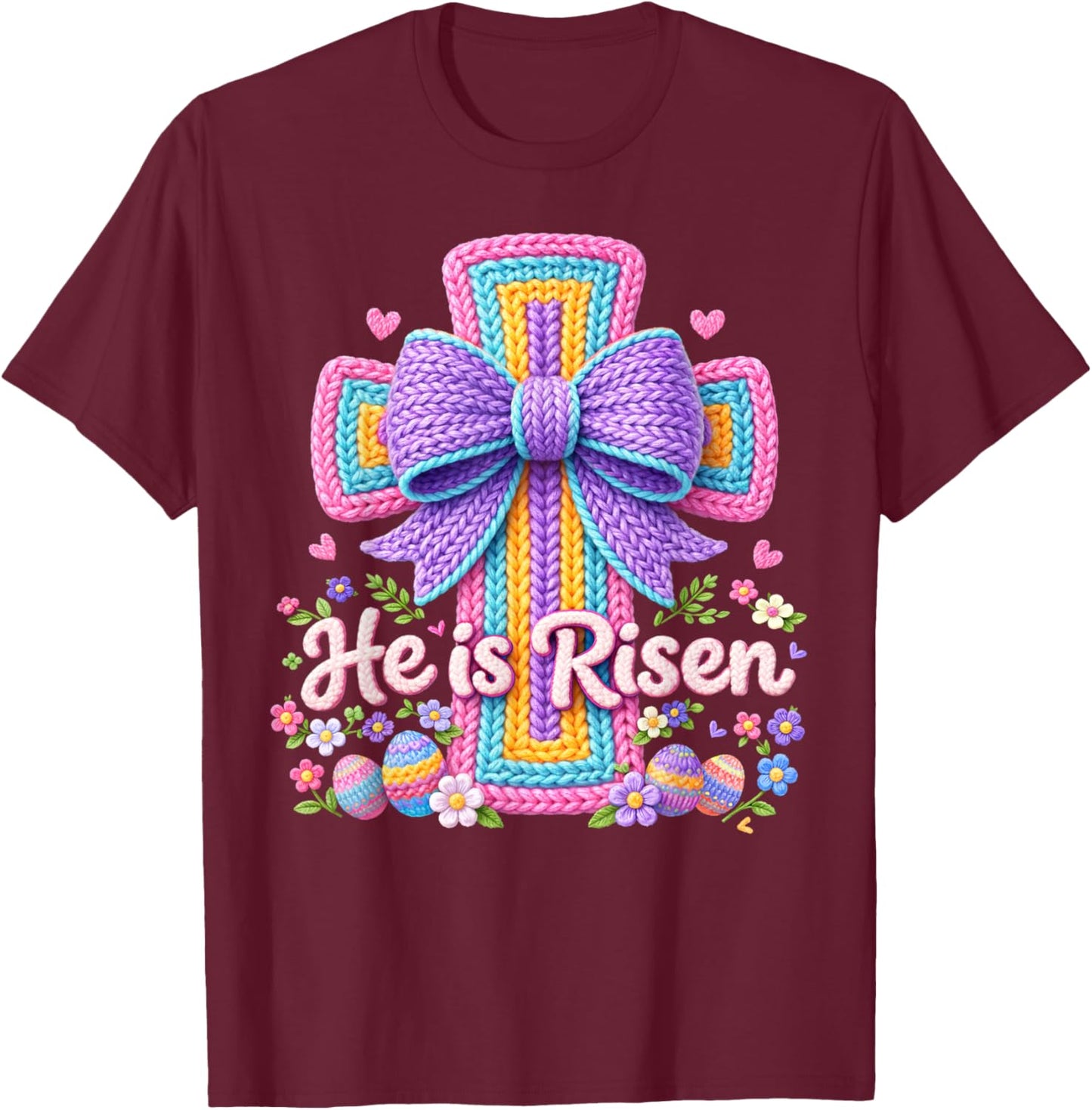 Easter Day He is Risen Christian Latch Hook Yarn Crochet T-Shirt - T-Shirt | Maroon