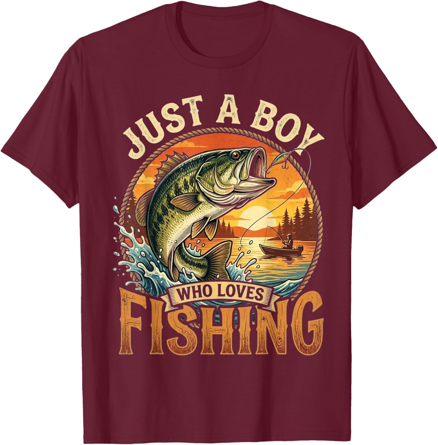 Just A Boy Who Loves Fishing Funny Fishing Bass Angler T-Shirt - T-Shirt | Maroon