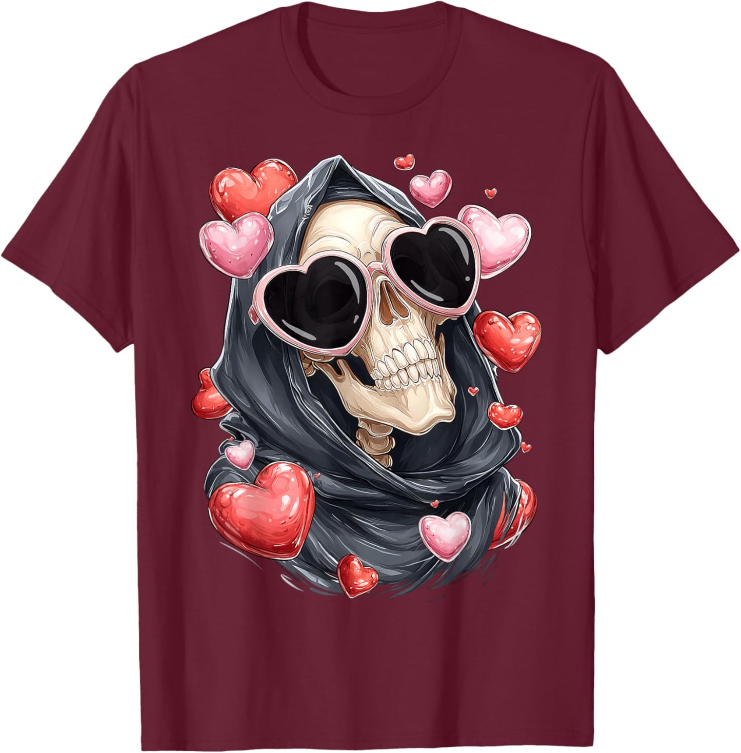 Grim Reaper The Death Skull Valentine's Day Heart Sunglasses T-Shirt - T-Shirt | Maroon