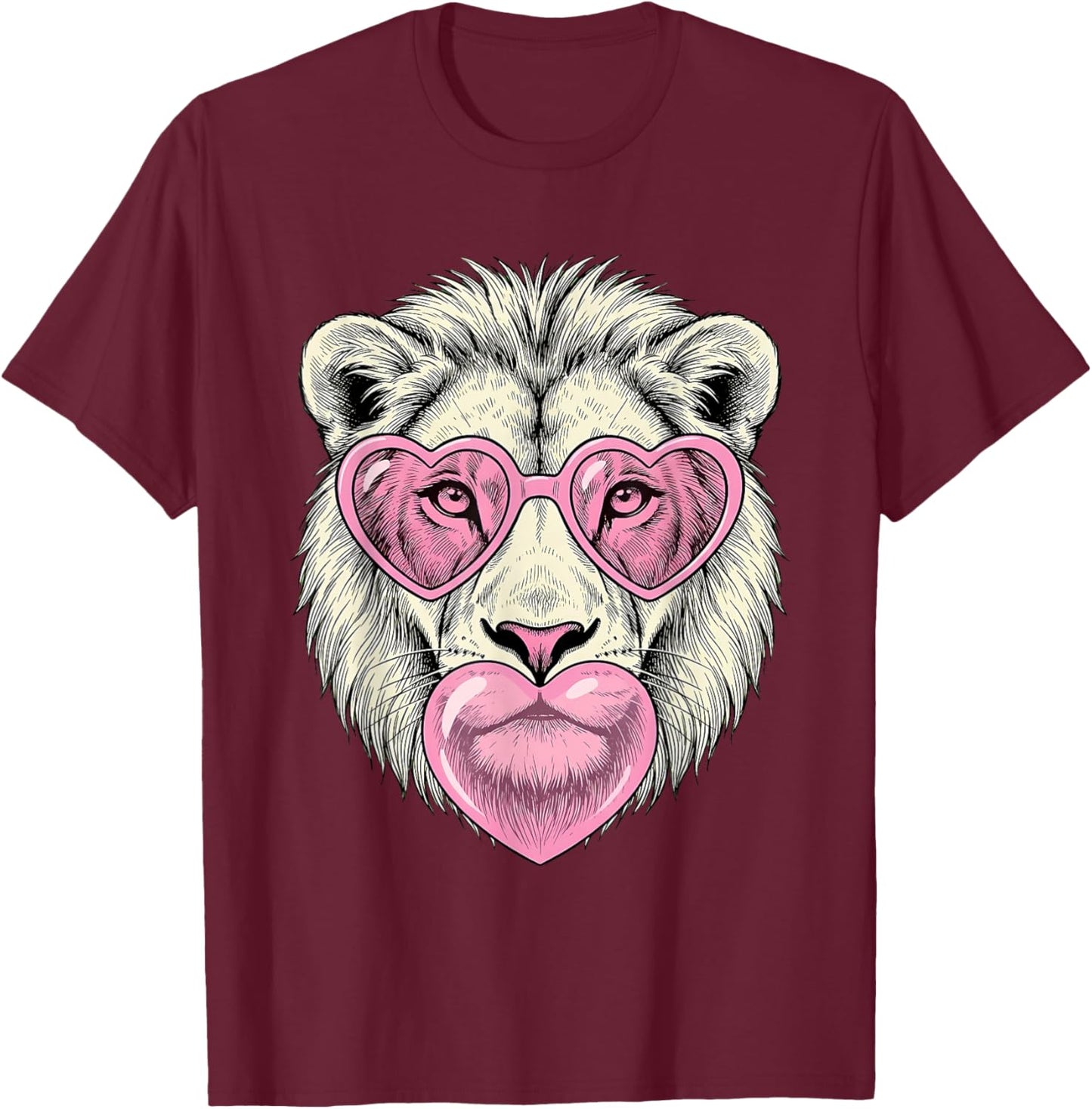 Cute Lion Blowing Pink Valentine Heart Bubble Gum T-Shirt - T-Shirt | Maroon