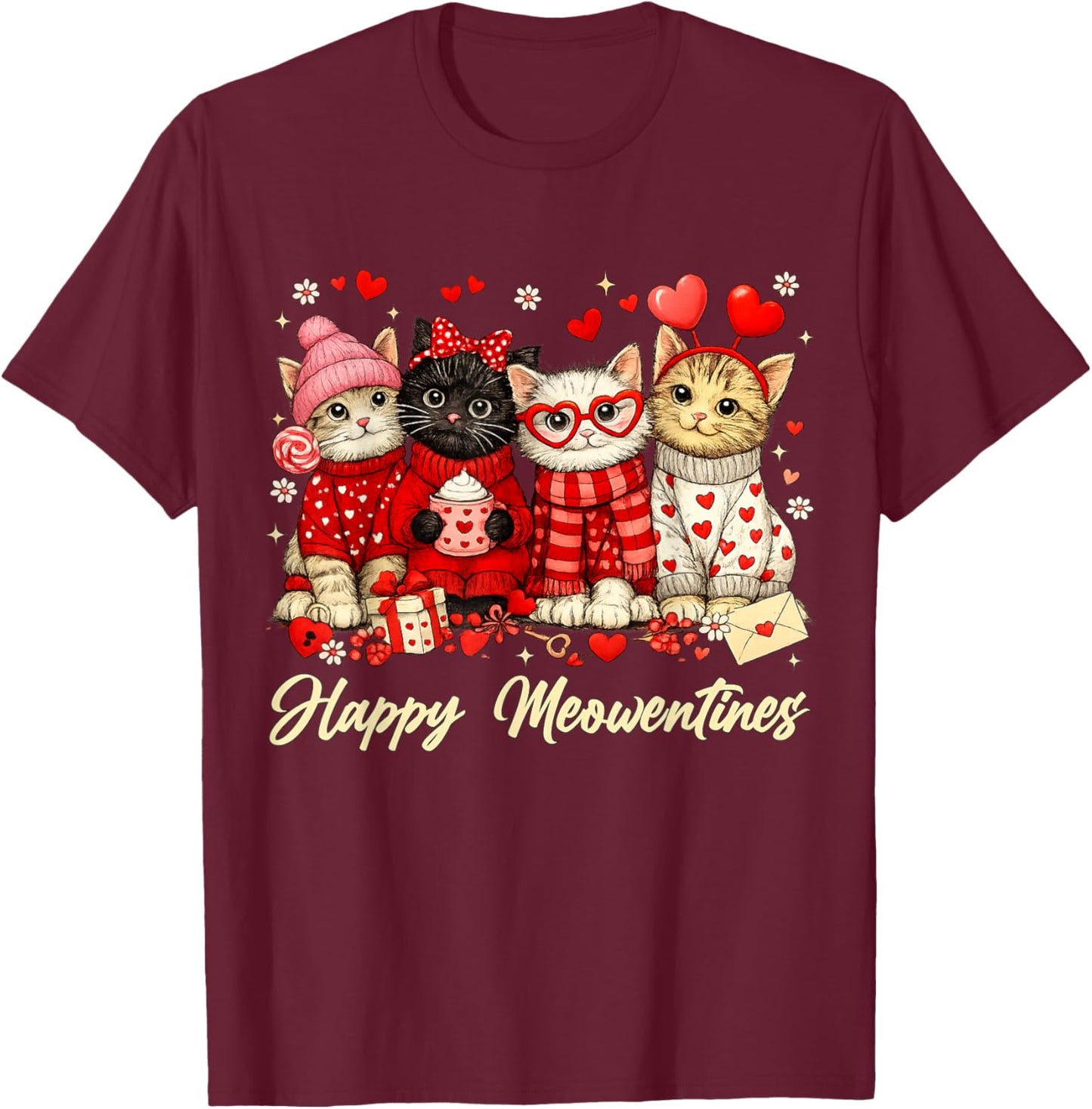 Funny Valentines Day Cats Happy Meowentines Kitten Hearts T-Shirt - T-Shirt | Maroon