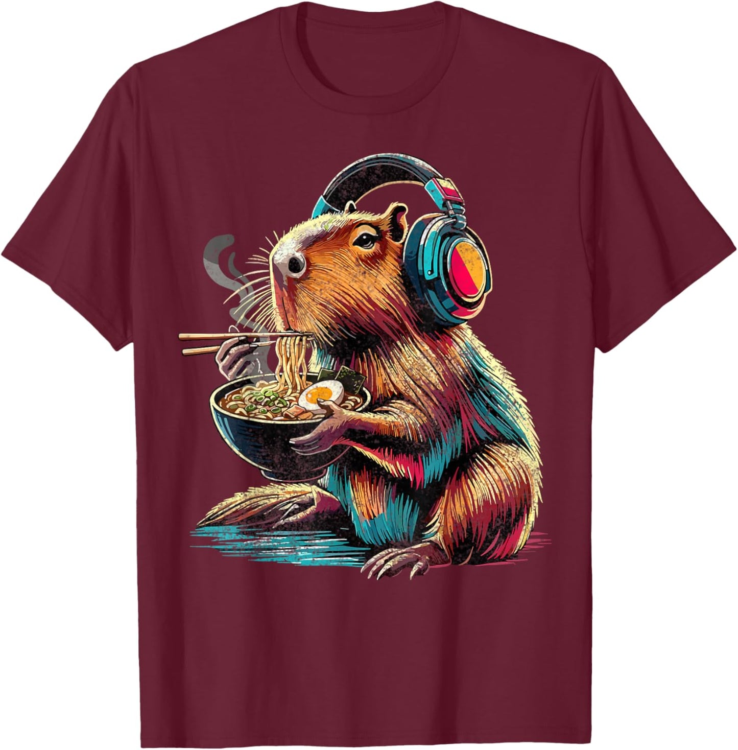 Capybara Eating Ramen Noodles T-Shirt - T-Shirt | Maroon