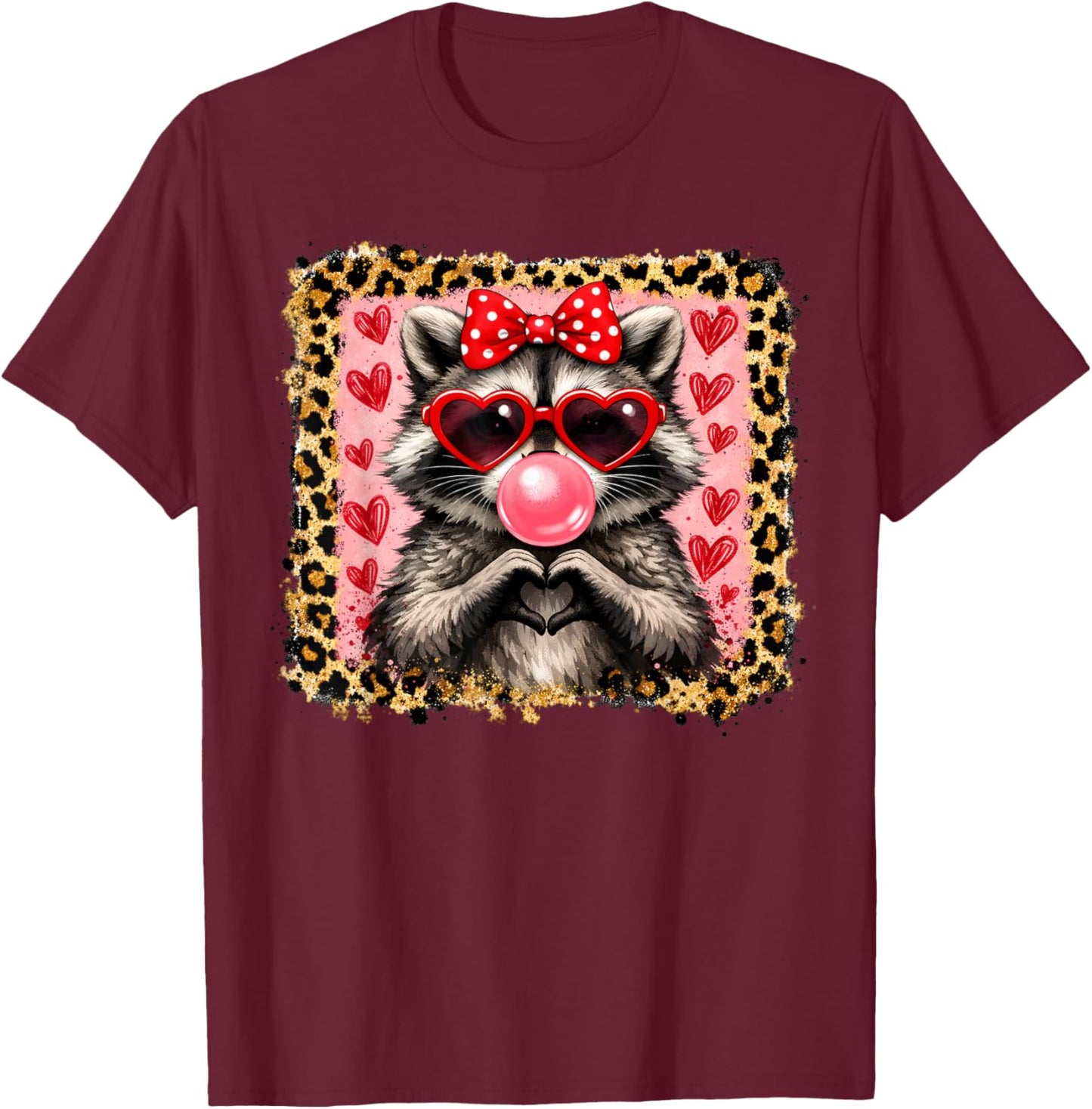 Funny Raccoon Blowing Bubble Gum Heart T-Shirt - T-Shirt | Maroon
