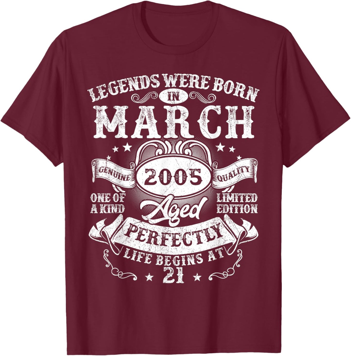 Vintage Legend March 2005 21 Year Old 21st Birthday Men Boys T-Shirt - T-Shirt | Maroon