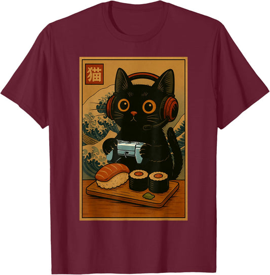 Cute Kawaii Gamer Cat Funny Sushi Retro Japanese Cat Gaming T-Shirt - T-Shirt | Maroon