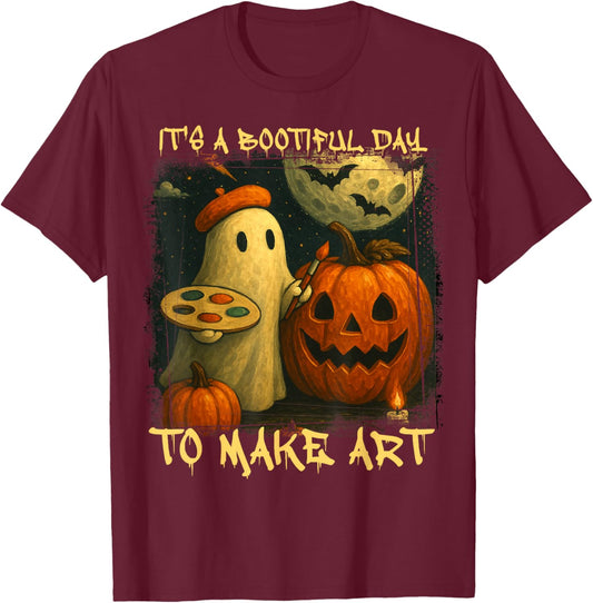 Groovy It's A Bootiful Day to Make Art Halloween Art Teacher T-Shirt - T-Shirt | Maroon