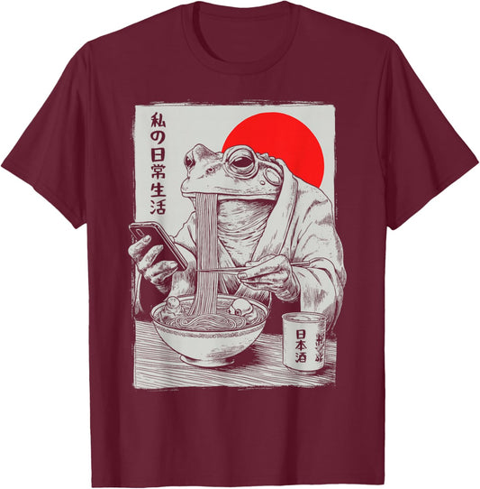 Grumpy Frog Eat Ramen and Scroll Phone Funny Japanese T-Shirt - T-Shirt | Maroon