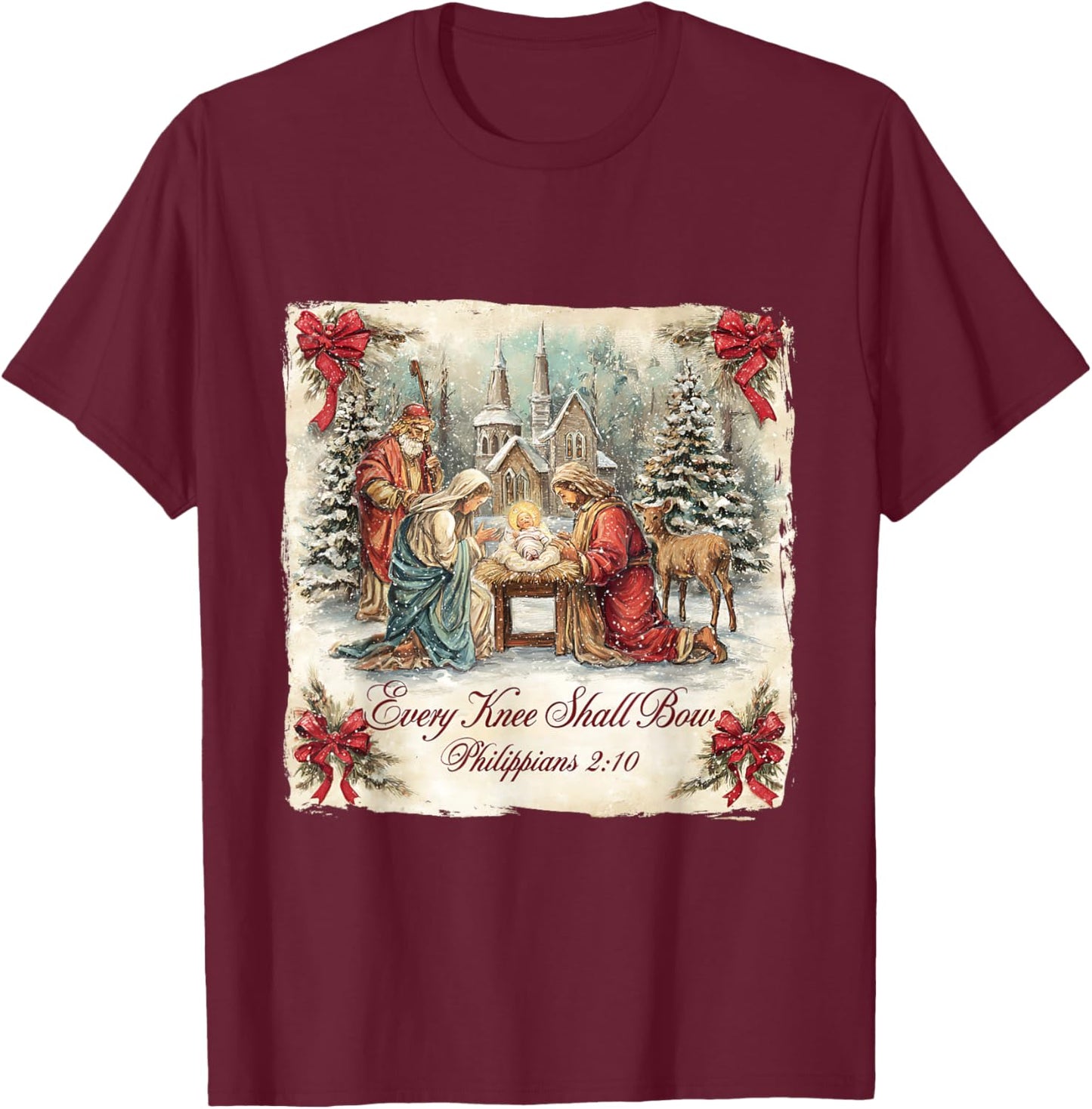 Bow Santa Christmas Nativity Scene Every Knee Shall Xmas T-Shirt - T-Shirt | Maroon