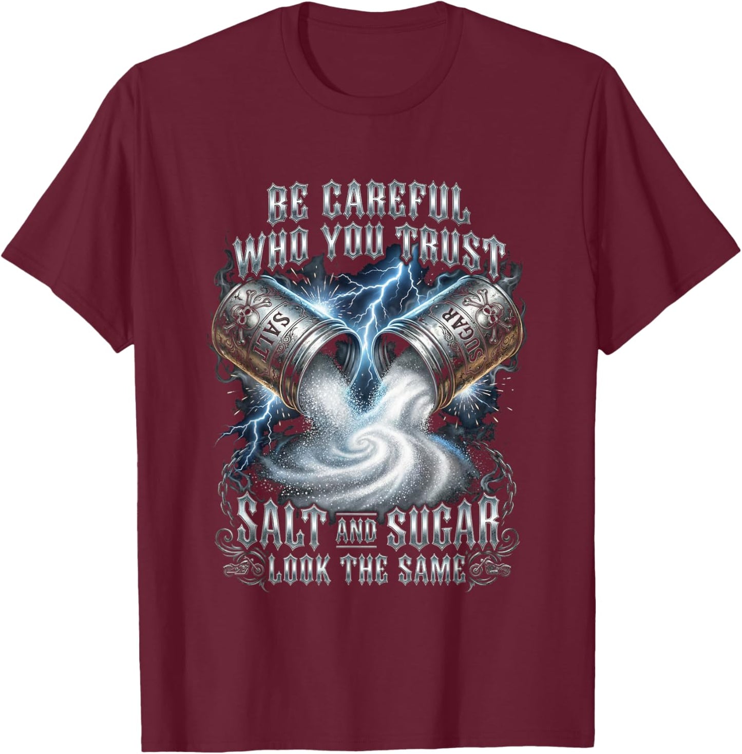 Salt and Sugar Look The Same Trust Issues Skull Graphic T-Shirt - T-Shirt | Maroon