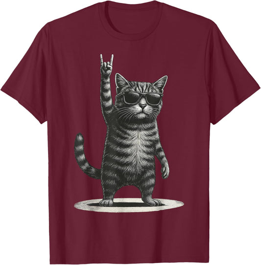 Vintage Retro Rock Cat Funny Music Gift Women Kid T-Shirt - T-Shirt | Maroon