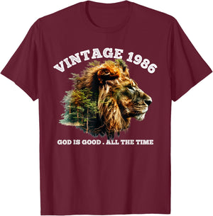 Vintage 1986 God is Good Lion Faith Christian 40th Birthday T-Shirt - T-Shirt | Maroon