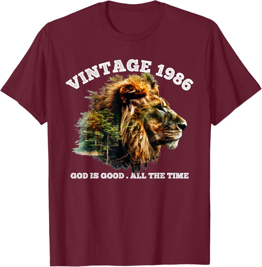 Vintage 1986 God is Good Lion Faith Christian 40th Birthday T-Shirt - T-Shirt | Maroon
