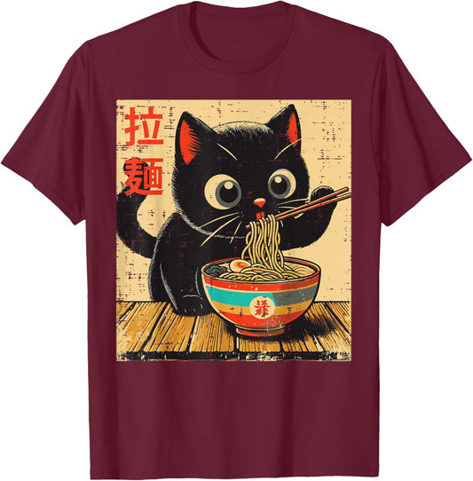 Black Cat Ramen Kawaii Kitten Japanese Food Women Girls Kids T-Shirt - T-Shirt | Maroon